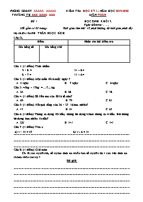 Đề kiểm tra Học kì I môn Toán Lớp 2 - Năm học 2019-2020